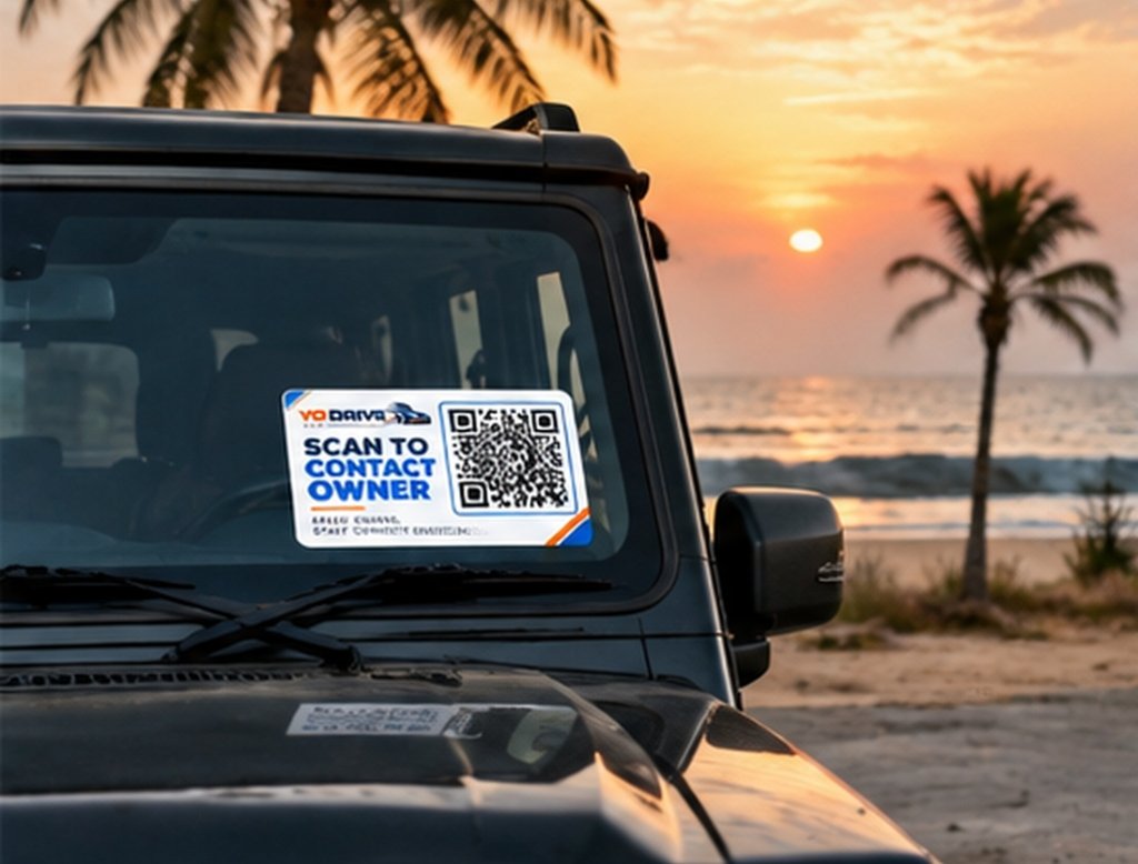 YO DRIVE QR Tag on Jeep Windshield at Sunset Beach